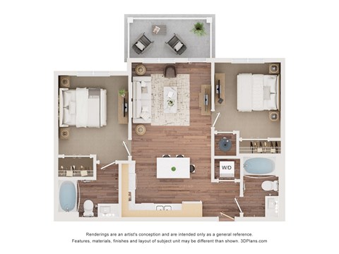 A 3D floor plan of a house with a kitchen, living room, and bathrooms.